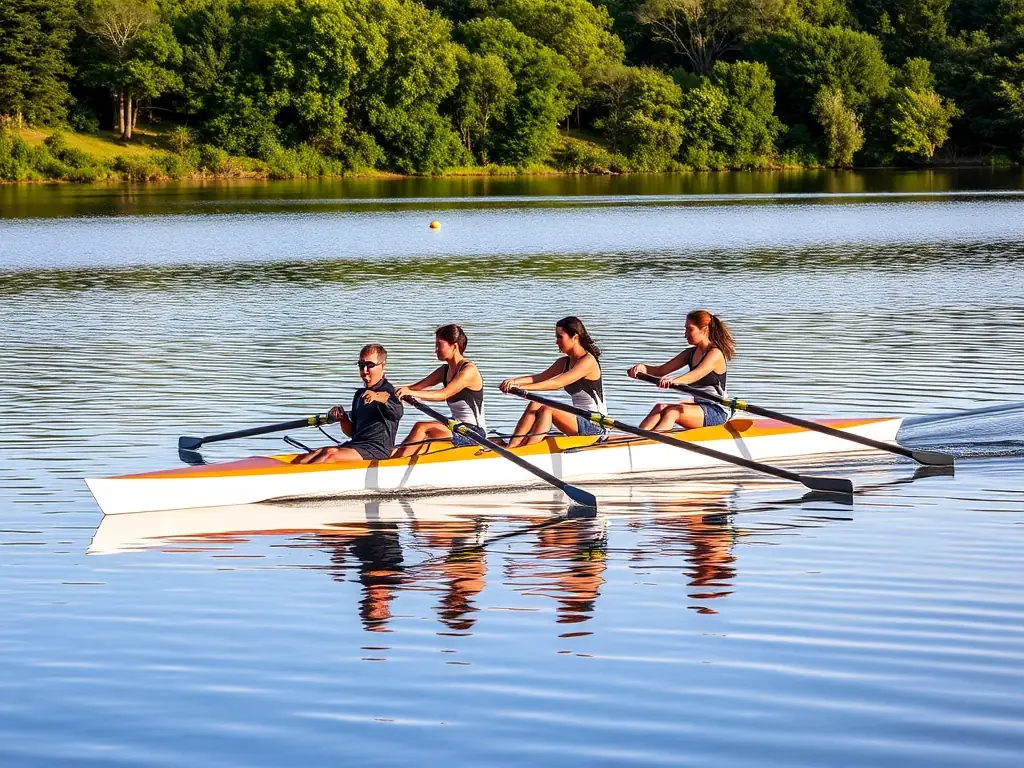 A team of rowers working together in perfect synchronization on the calm waters of Lastioules, demonstrating the power of teamwork and coordination.