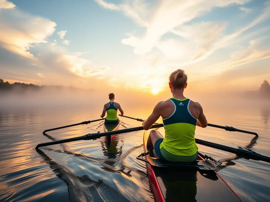 A team of rowers gliding across a serene river at sunrise, demonstrating teamwork and dedication in ASSOCIATION NAUTIQUE's rowing activities.