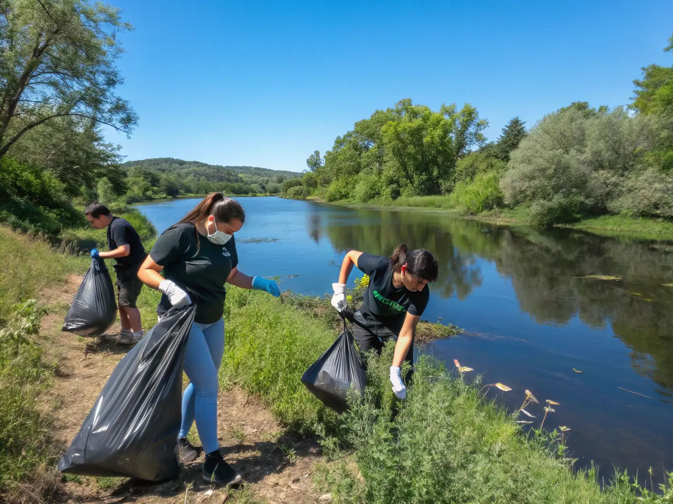Volunteers cleaning up the shoreline of Lastioules, emphasizing the importance of environmental conservation and community involvement.