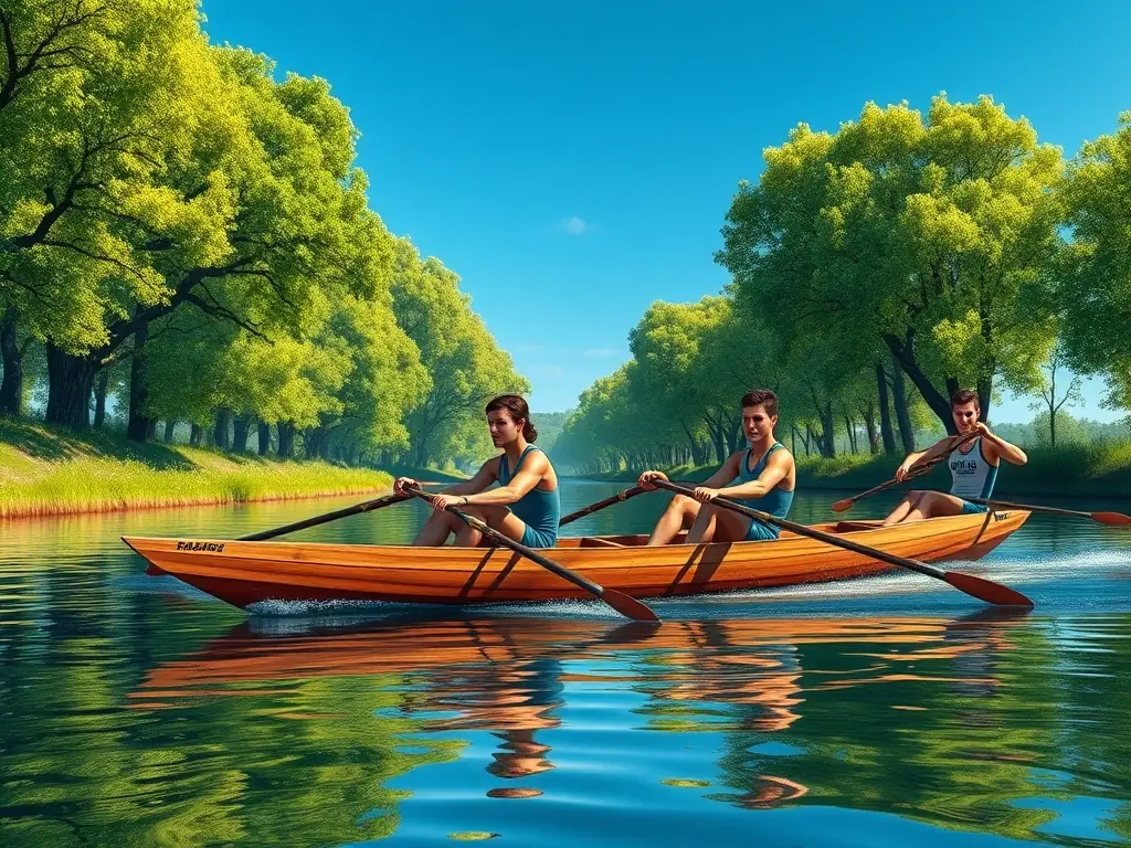 An action shot of rowers in sync on the water at Lastioules, demonstrating teamwork and physical exertion. The backdrop includes scenic views of the lake and surrounding nature.