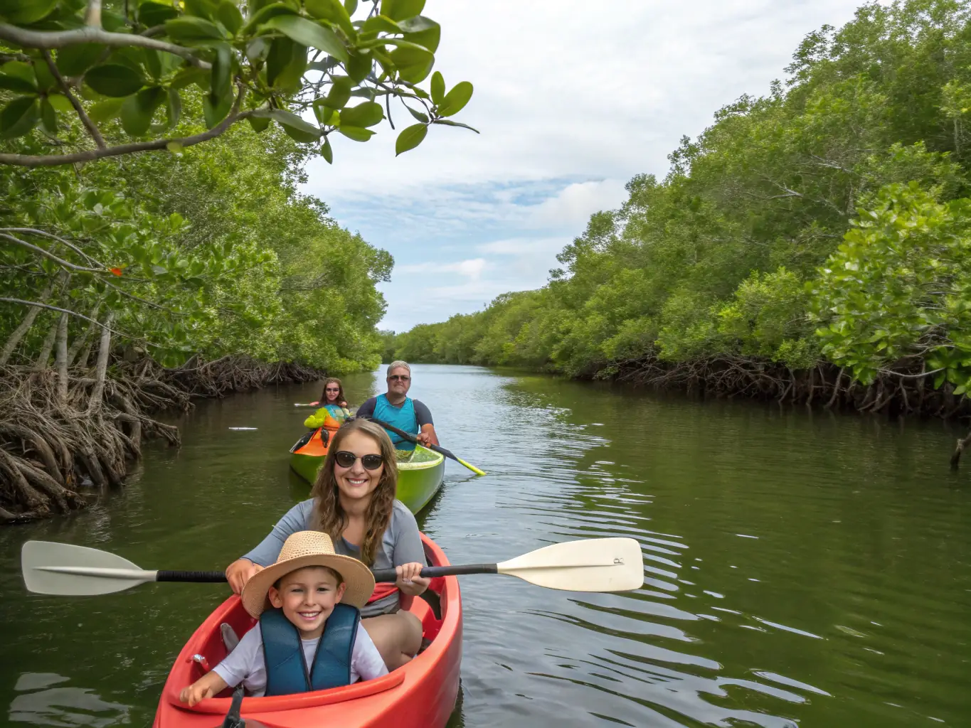 A group of families enjoying various recreational water activities at Lastioules, such as kayaking and paddleboarding. The image conveys a sense of fun, relaxation, and community engagement.