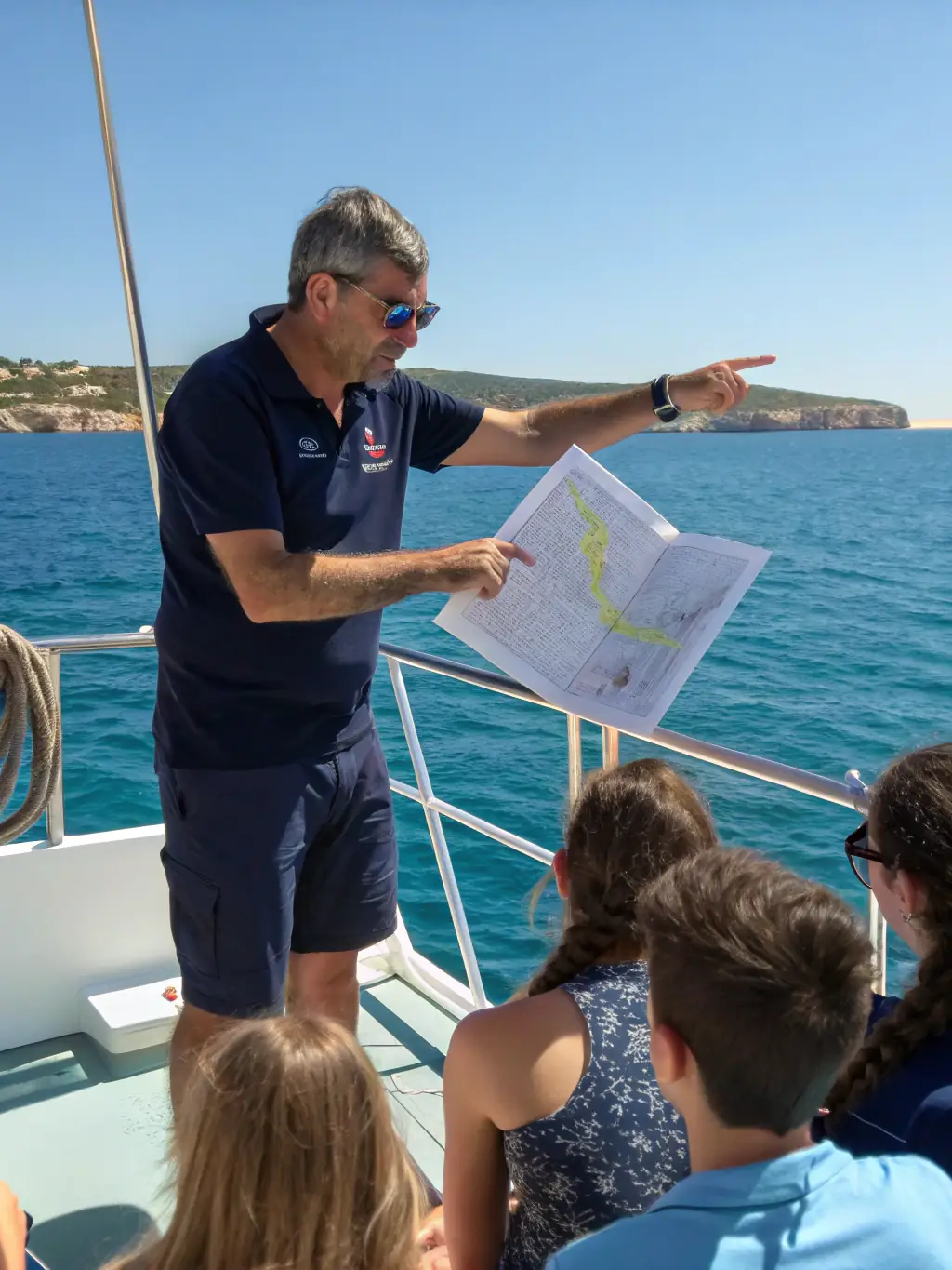 Participants in a sailing course learning about boat handling and navigation, with an instructor explaining the concepts. The image emphasizes the educational aspect of the sailing programs.