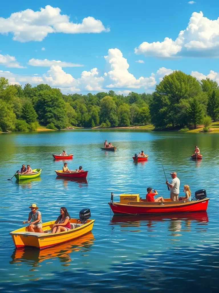Families and individuals enjoying a leisurely boat ride on a peaceful lake, smiling and engaging with nature during ASSOCIATION NAUTIQUE's recreational water programs.