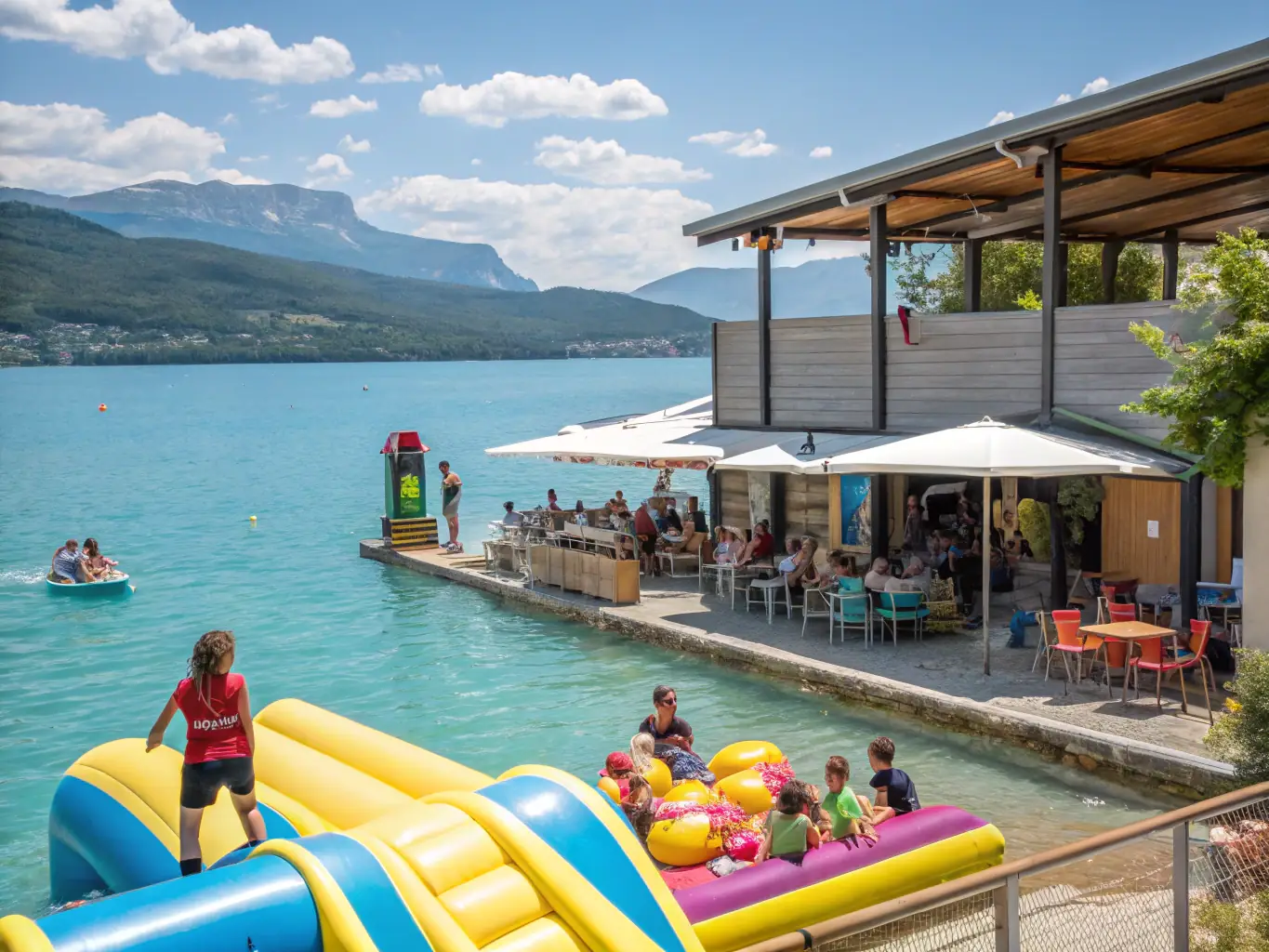 A cheerful image of families enjoying recreational water activities at Lastioules, highlighting the fun and accessibility of the programs, with the ASSOCIATION NAUTIQUE staff assisting in the background.