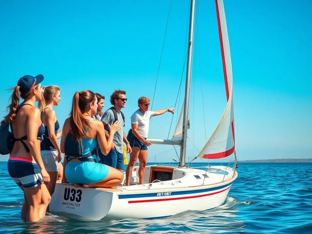 A group of diverse individuals participating in a sailing lesson on a sunny day at Lastioules, showcasing teamwork and the joy of learning new skills.