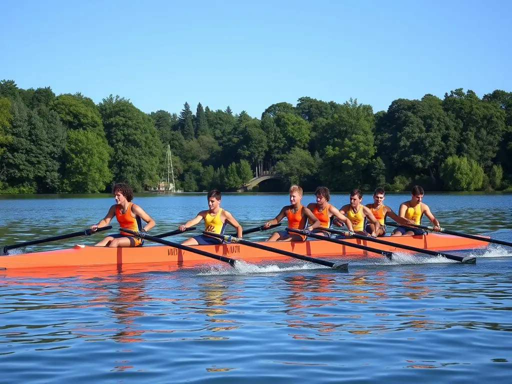 A dynamic image of rowers in sync on Lastioules lake, emphasizing the strength and coordination involved in rowing, with the ASSOCIATION NAUTIQUE banner visible on the shore.