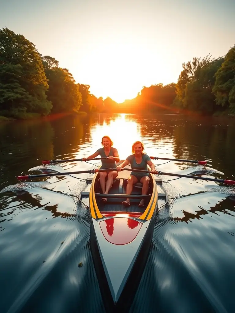 A team of rowers gliding across a serene river at sunrise, demonstrating teamwork and dedication in ASSOCIATION NAUTIQUE's rowing activities.