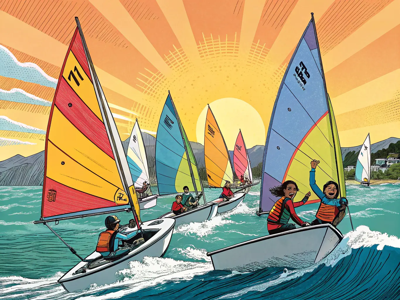 A vibrant image of people sailing on Lastioules lake, showcasing teamwork and the joy of sailing, with the ASSOCIATION NAUTIQUE logo subtly visible in the background.