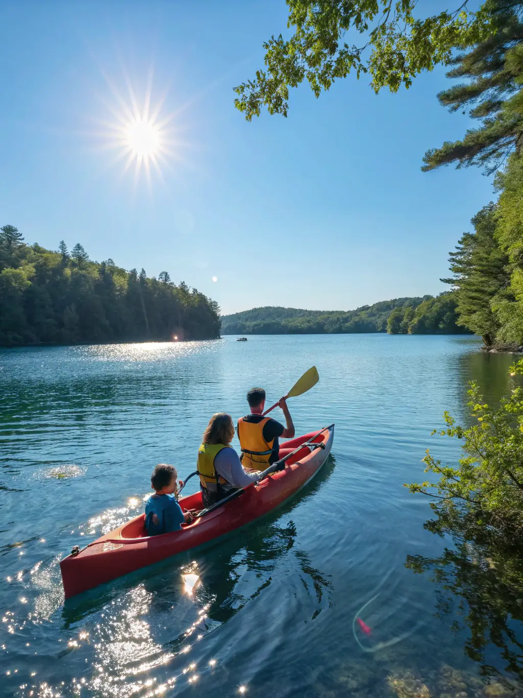 A family enjoying a recreational kayaking session on the lake at Lastioules, with smiles and laughter. The image highlights the accessibility and enjoyment of recreational water activities.